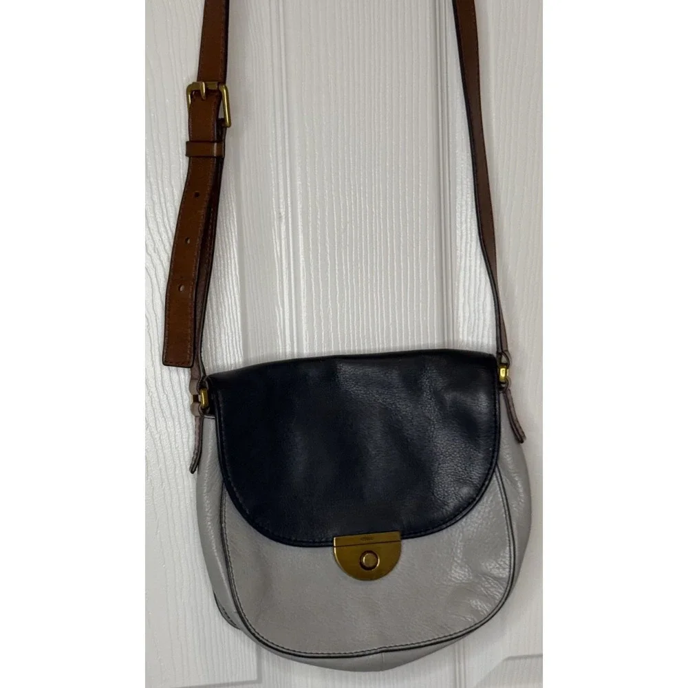 Fossil Long Live Vintage 1954 Blue And Gray Leather Flap Crossbody Bag Purse